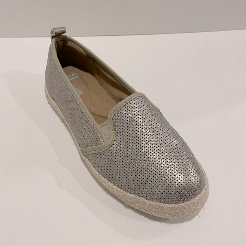 🆕🌸CLARKS AZELLA THEONI SHOES ESPADRILLES PEWTER 9W  GENUINE LEATHER NEW - Picture 4 of 6